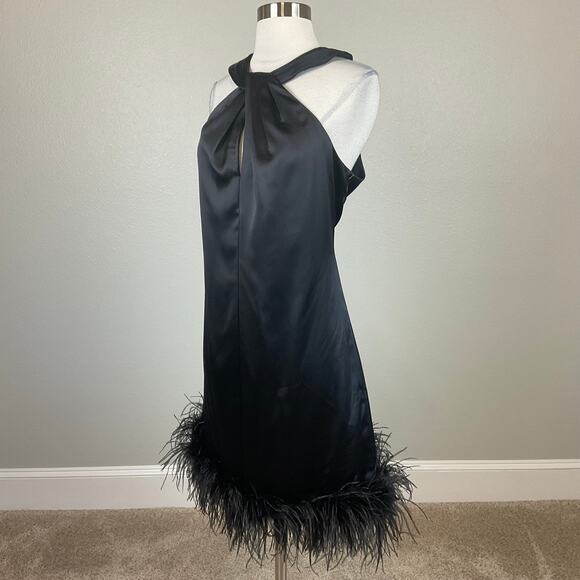 Eliza J Black Satin Feather Trimmed Sleeveless Mini Shift Cocktail Dress Size 10 - Picture 3 of 12